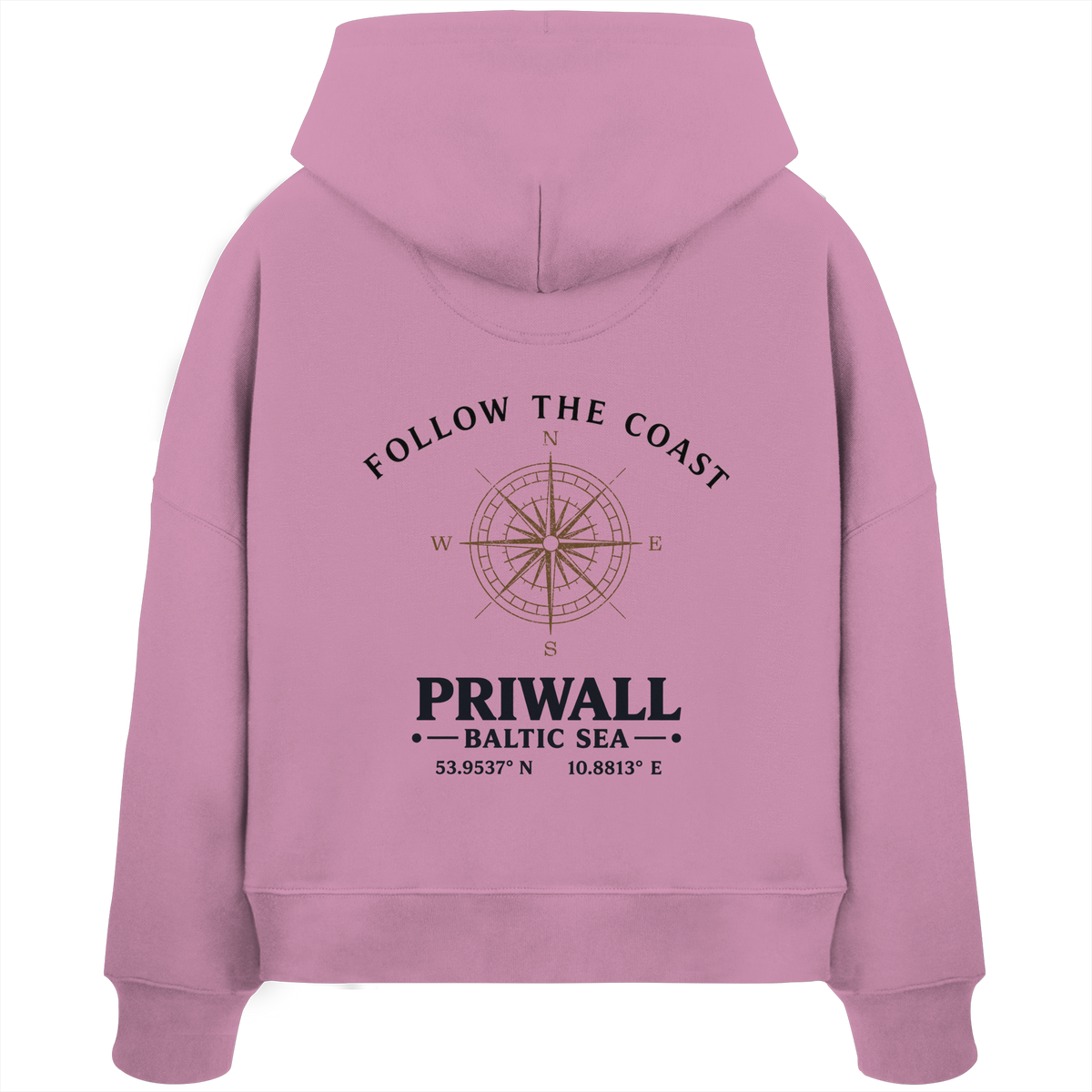 Rückansicht des Damen Bio Boxcut Hoodie in Bubble Pink mit hellem Priwall Follow the Coast Backprint