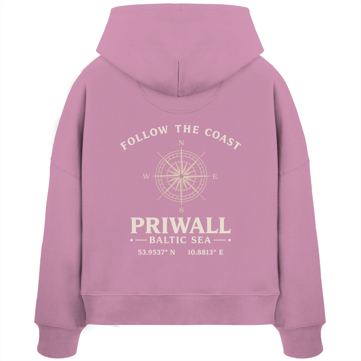 Rückansicht des Damen Bio Boxcut Hoodie in Bubble Pink mit dunklem Priwall Follow the Coast Backprint