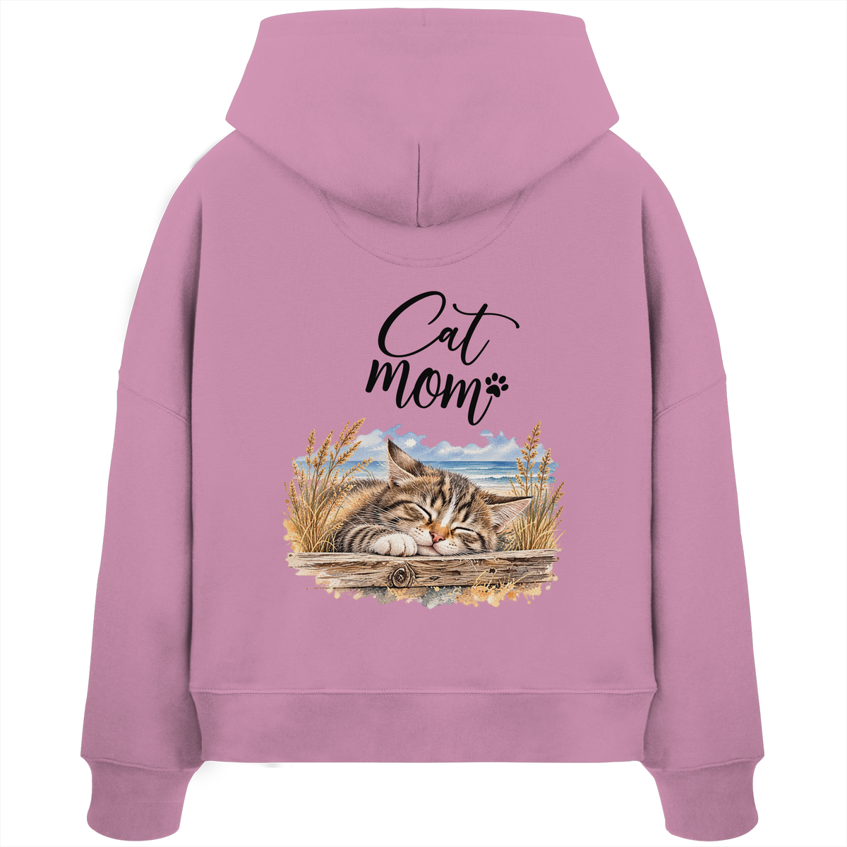 Cat Mom Damen Bio-Boxcut-Hoodie in Bubble Pink – Original-Mockup mit Kapuze, kurzem Saum und Katzen-Küstenmotiv auf dem Rücken.