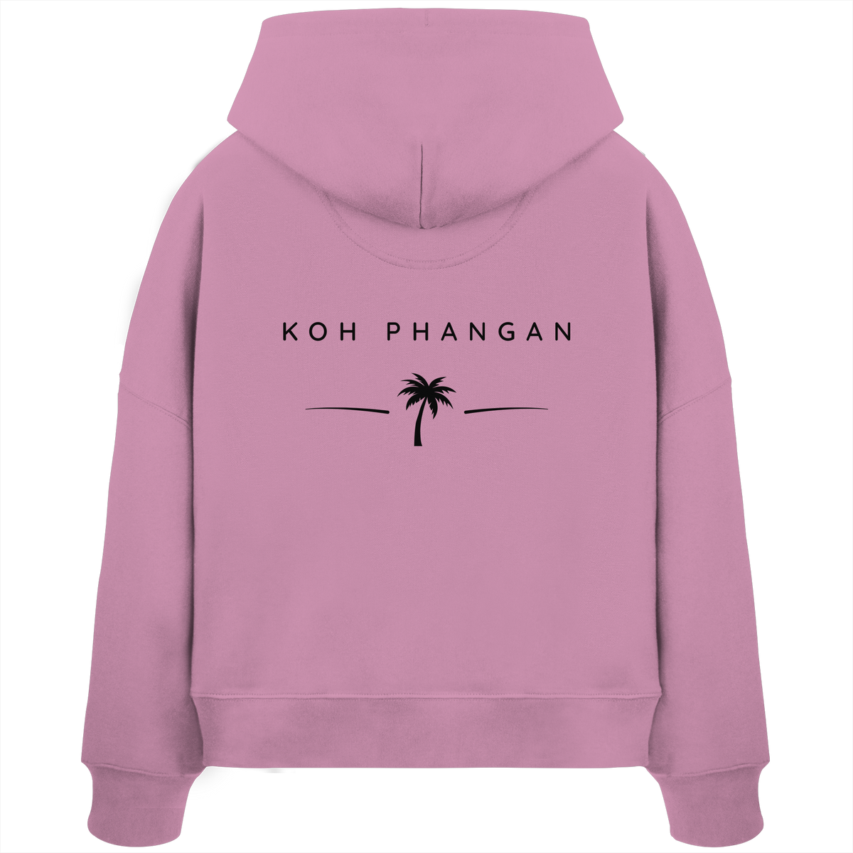 Original-Mockup des Damen Bio Boxcut Hoodie in Bubble Pink mit Koh-Phangan-Minimal-Backprint