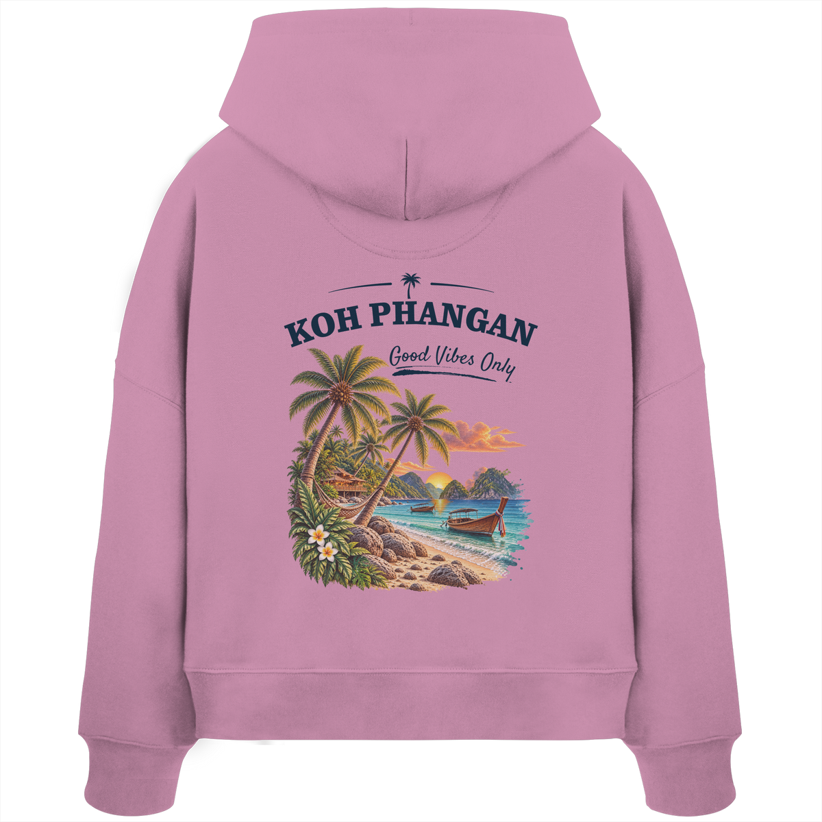 Damen Bio Boxcut Hoodie – Backprint in bubble pink als Original-Mockup mit Koh Phangan Good Vibes Only Backprint