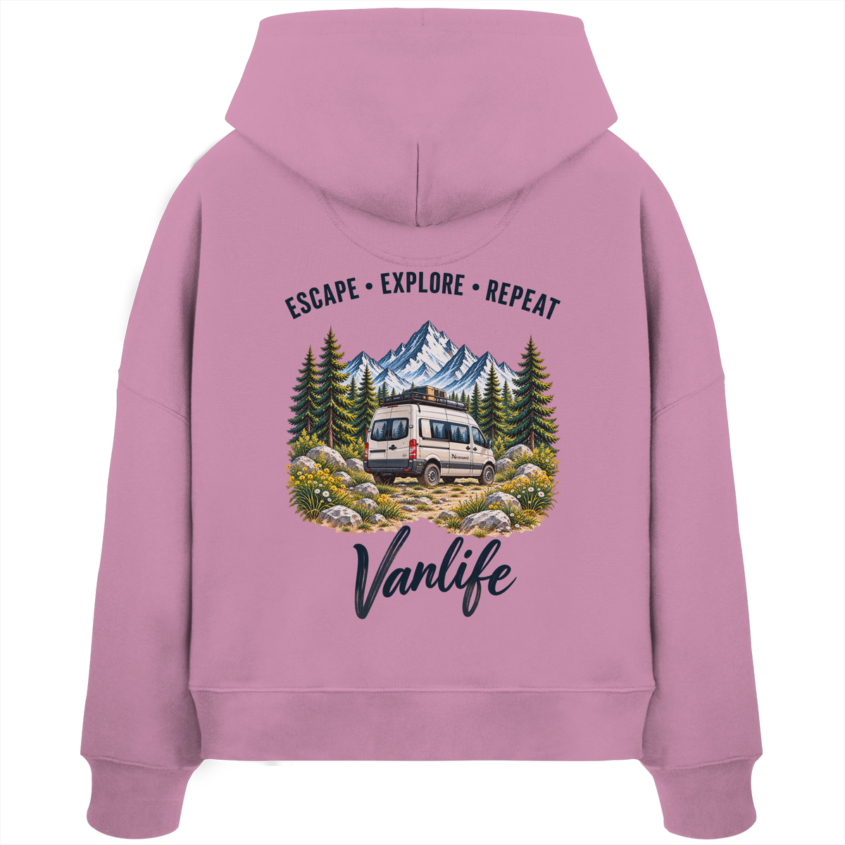 Damen Bio Boxcut Hoodie in Bubble Pink als Produkt-Mockup mit Escape Explore Repeat Motiv als Backprint
