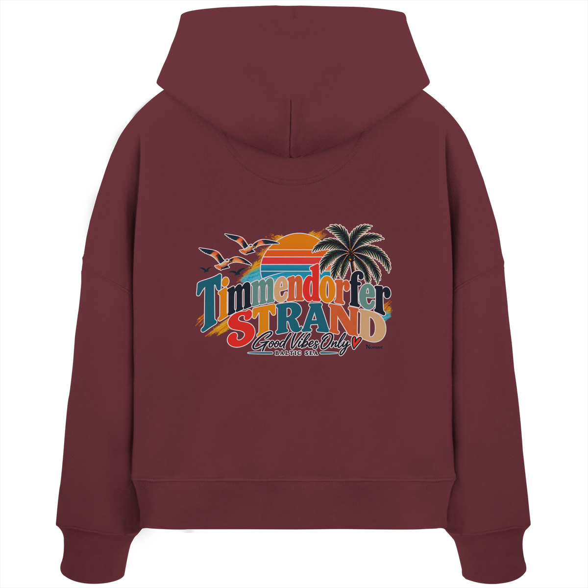 Timmendorfer Strand – Good Vibes Only – Damen Boxcut-Hoodie mit Rückenprint – Burgundy; originales Katalogmockup der Rückansicht mit Rückenprint.