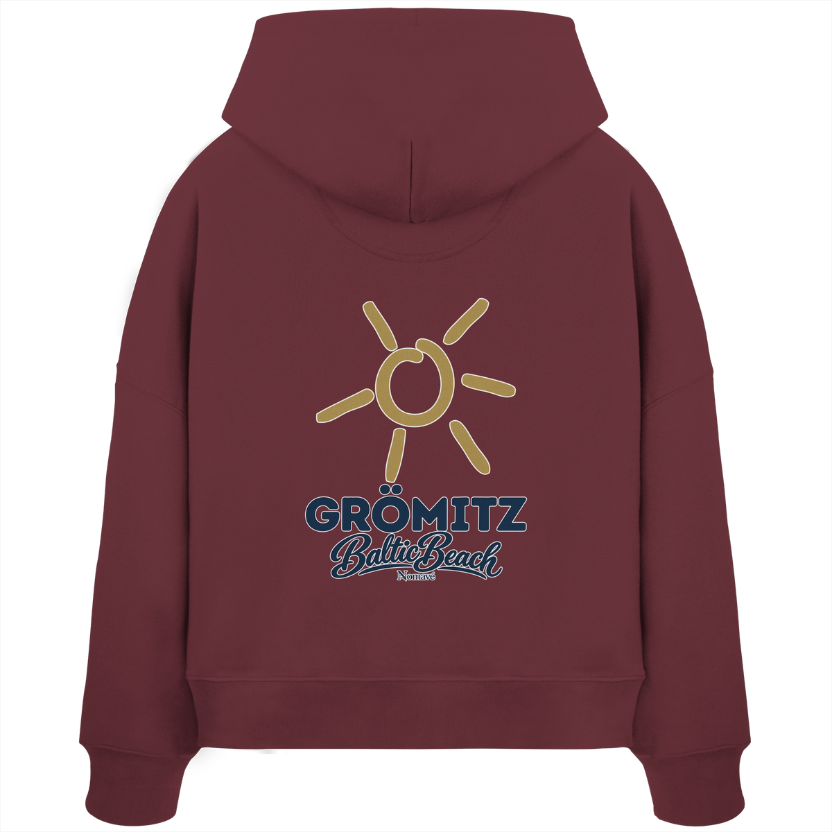 Grömitz Sonne Damen Bio Boxcut Hoodie Baltic Beach Rückendruck – Shirtigo-Originalmockup 6 (burgundy)
