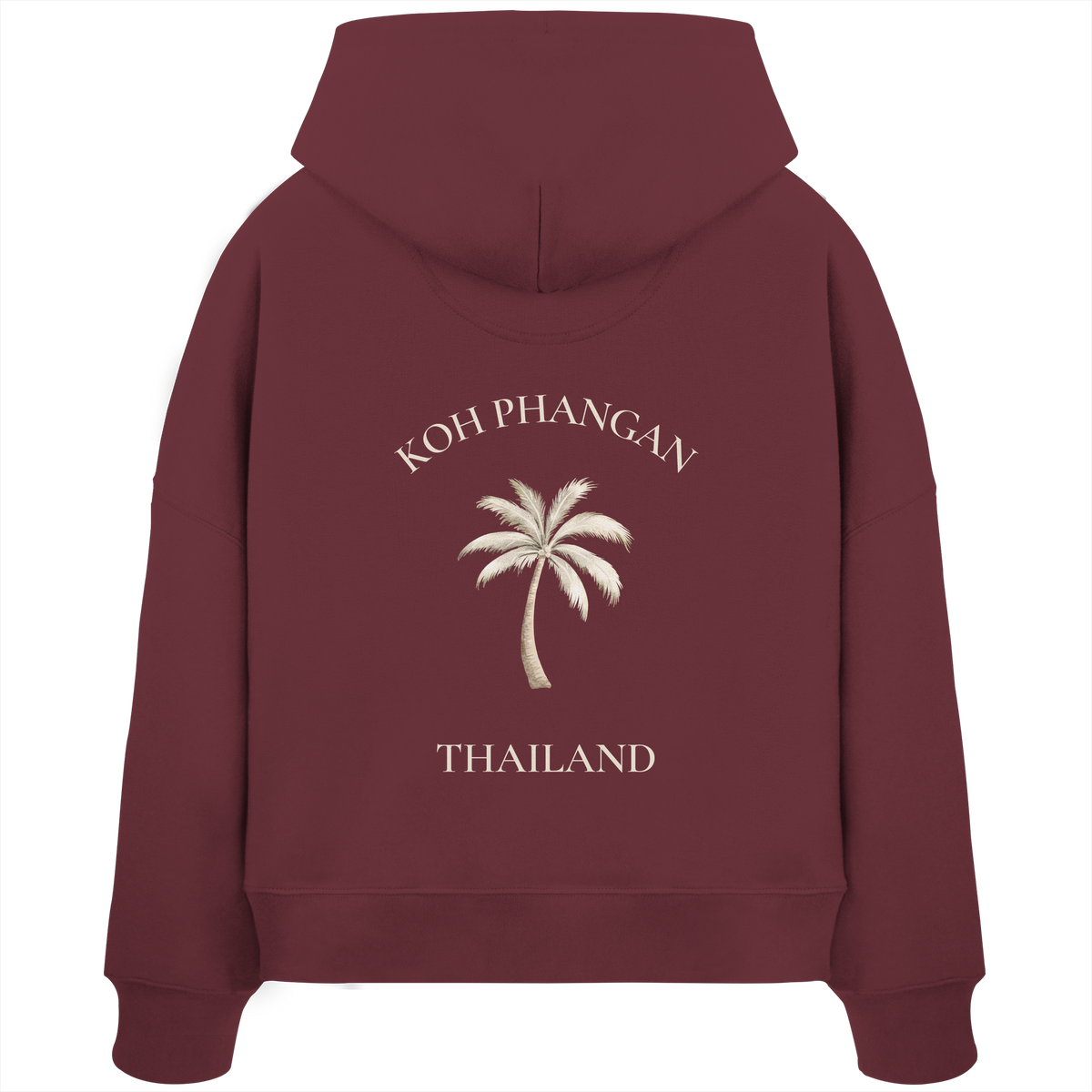 Damen Bio Boxcut Hoodie in burgundy mit Koh Phangan Mini Palm Motiv als Backprint – Original-Mockup