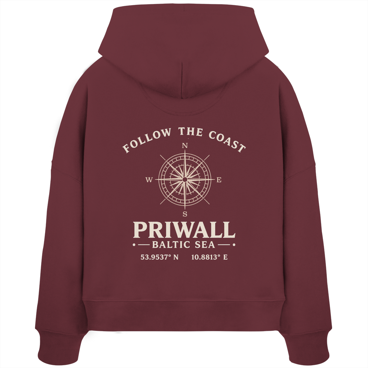 Rückansicht des Damen Bio Boxcut Hoodie in Burgundy mit dunklem Priwall Follow the Coast Backprint