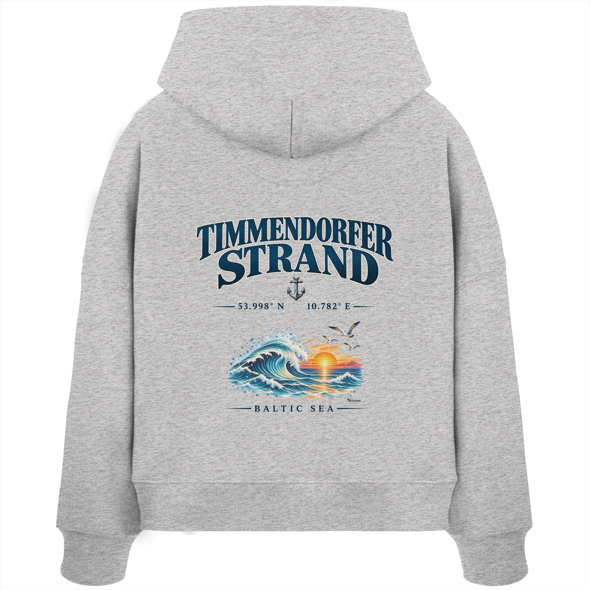 Original-Mockup 4: Damen Bio-Boxcut-Hoodie in Cool Heather Grey mit Timmendorfer Strand – Baltic Sea Backprint.