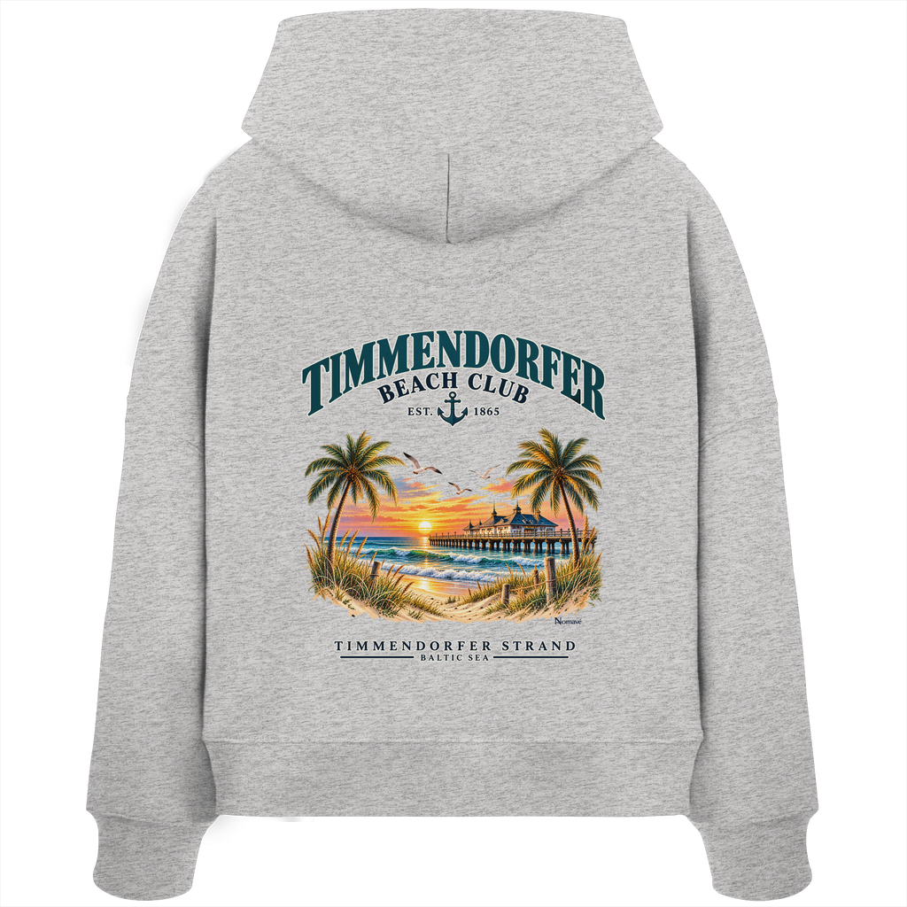 Original-/Katalogmockup: Damen Bio-Boxcut-Hoodie in Cool Heather Grey, Rückansicht mit Timmendorfer-Beach-Club-Rückendruck.