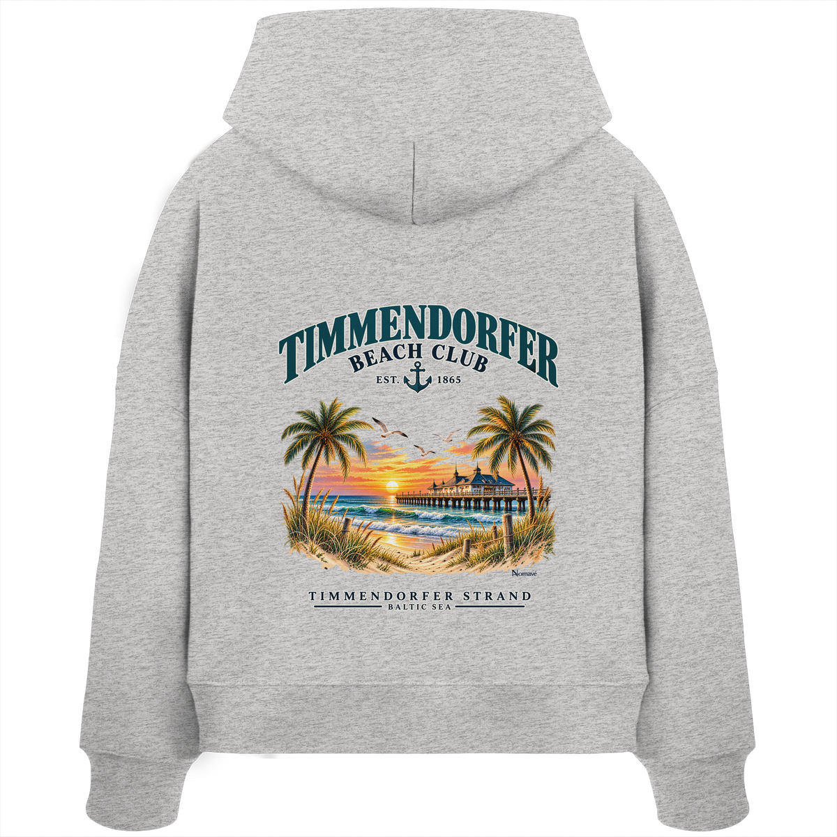 Original-/Katalogmockup: Damen Bio-Boxcut-Hoodie in Cool Heather Grey, Rückansicht mit Timmendorfer-Beach-Club-Rückendruck.