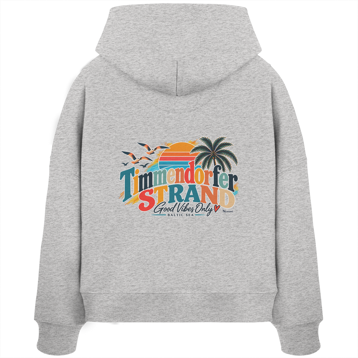 Timmendorfer Strand – Good Vibes Only – Damen Boxcut-Hoodie mit Rückenprint – Cool Heather Grey; originales Katalogmockup der Rückansicht mit Rückenprint.