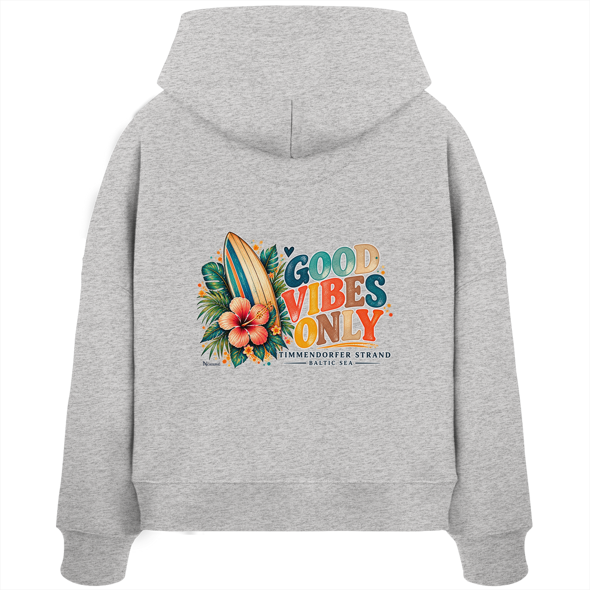 Rückansicht des Damen-Boxcut-Hoodies in Cool Heather Grey mit Timmendorfer-Surf-Vibes-Motiv aus Surfboard, Hibiskusblüten und „Good Vibes Only“.