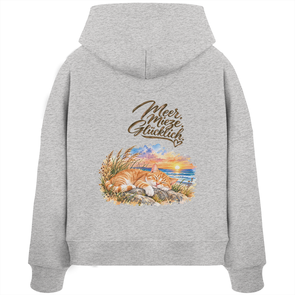 Damen Bio-Boxcut-Hoodie in Cool Heather Grey mit „Meer. Mieze. Glücklich.“ als Backprint – Rückansicht im Original-Mockup.
