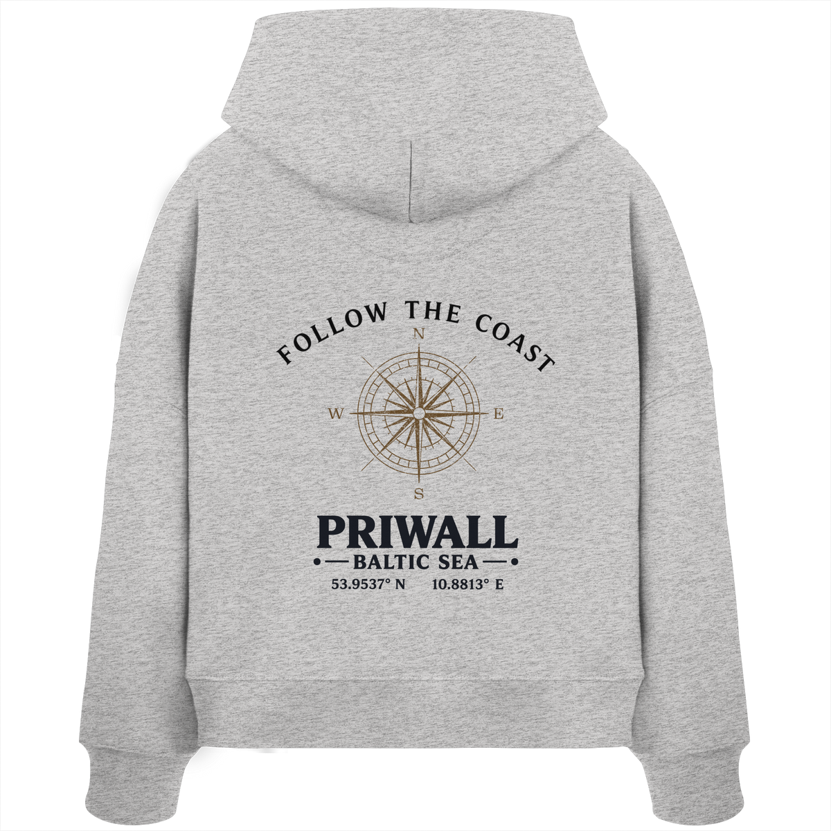 Rückansicht des Damen Bio Boxcut Hoodie in Cool Heather Grey mit hellem Priwall Follow the Coast Backprint