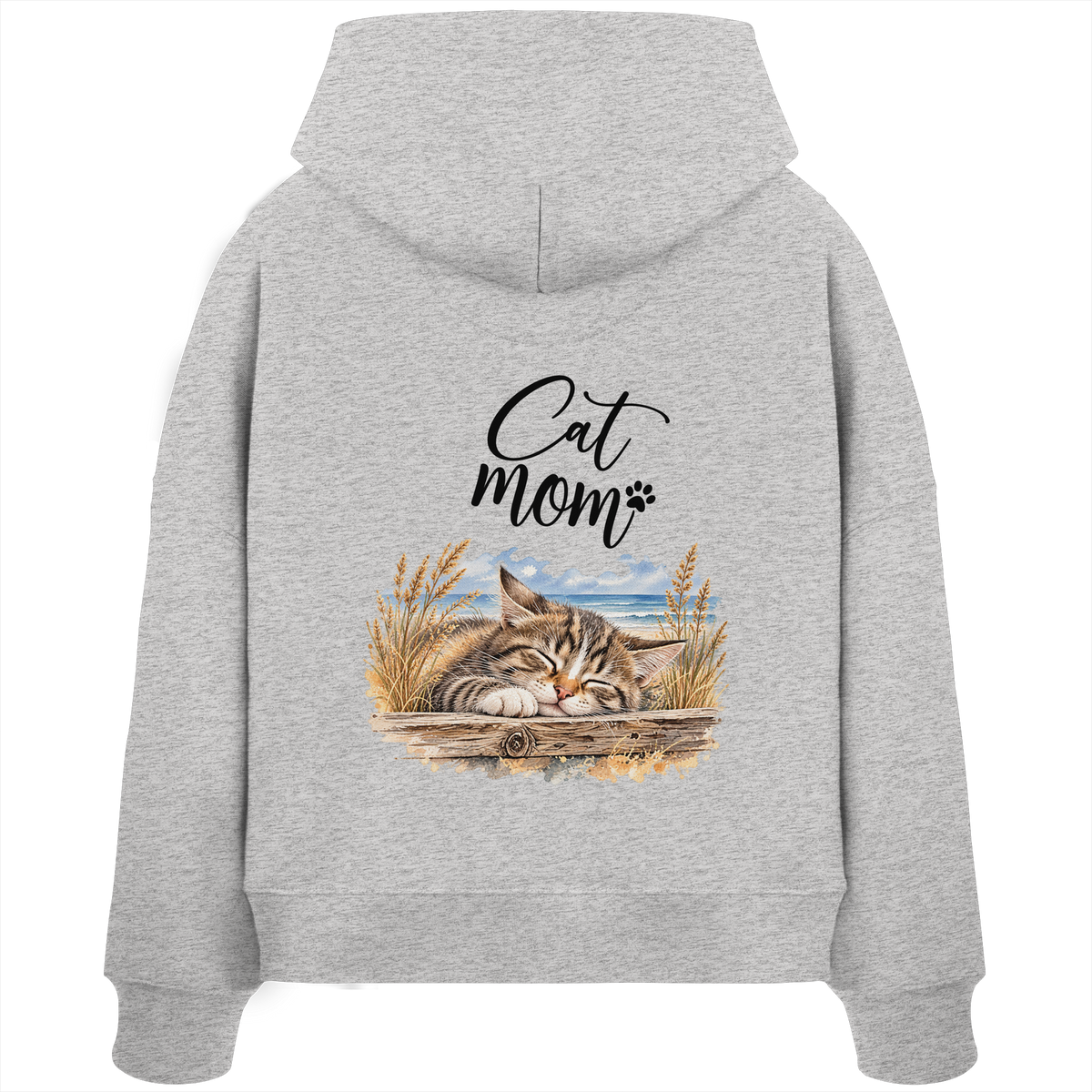 Cat Mom Damen Bio-Boxcut-Hoodie in Cool Heather Grey – Original-Mockup mit Kapuze, kurzem Saum und Katzen-Küstenmotiv auf dem Rücken.