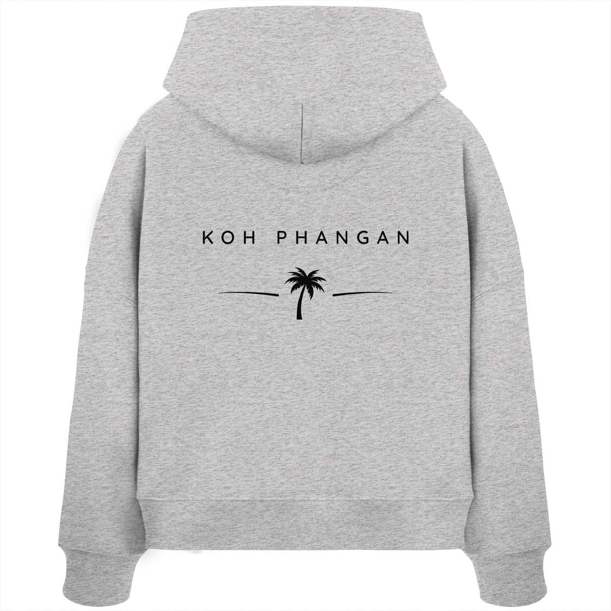 Original-Mockup des Damen Bio Boxcut Hoodie in Cool Heather Grey mit Koh-Phangan-Minimal-Backprint