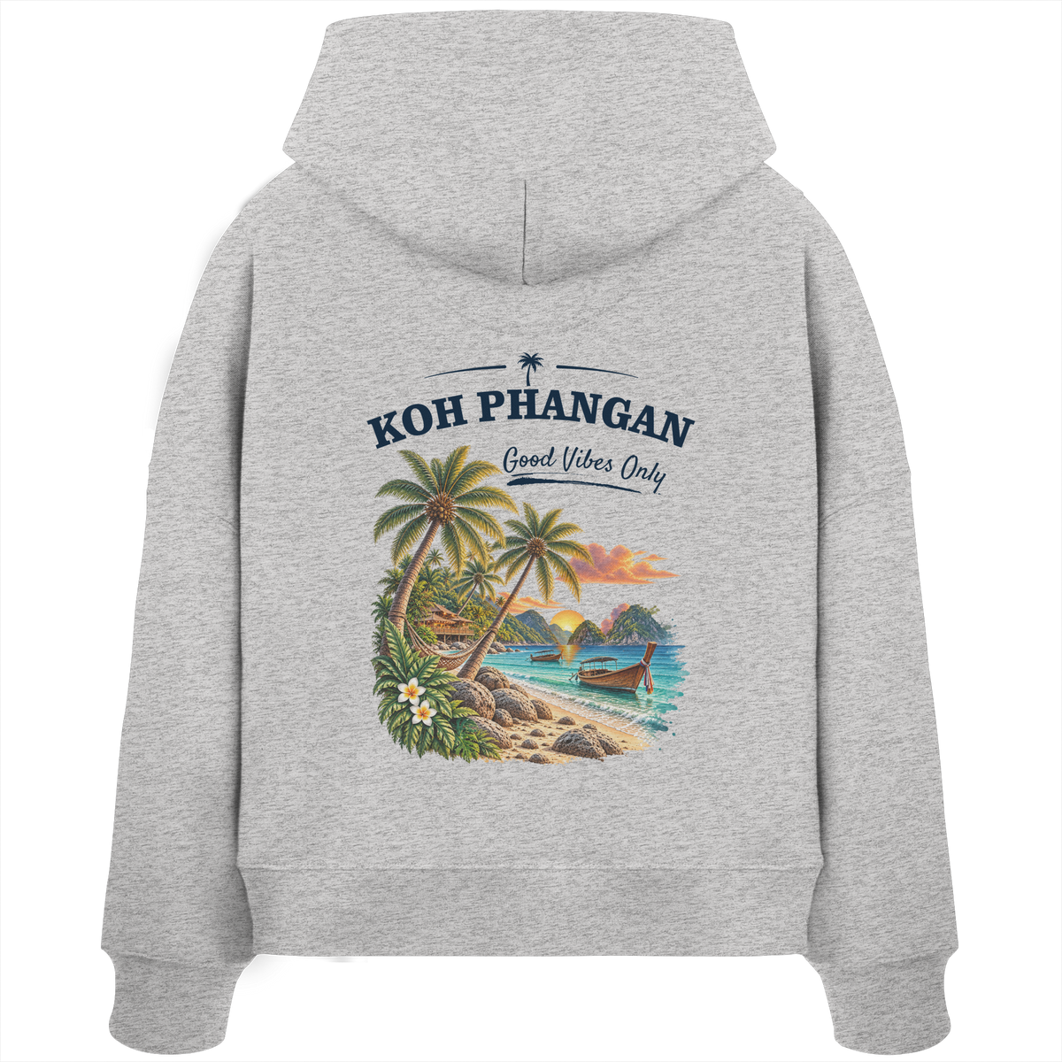 Damen Bio Boxcut Hoodie – Backprint in cool heather grey als Original-Mockup mit Koh Phangan Good Vibes Only Backprint