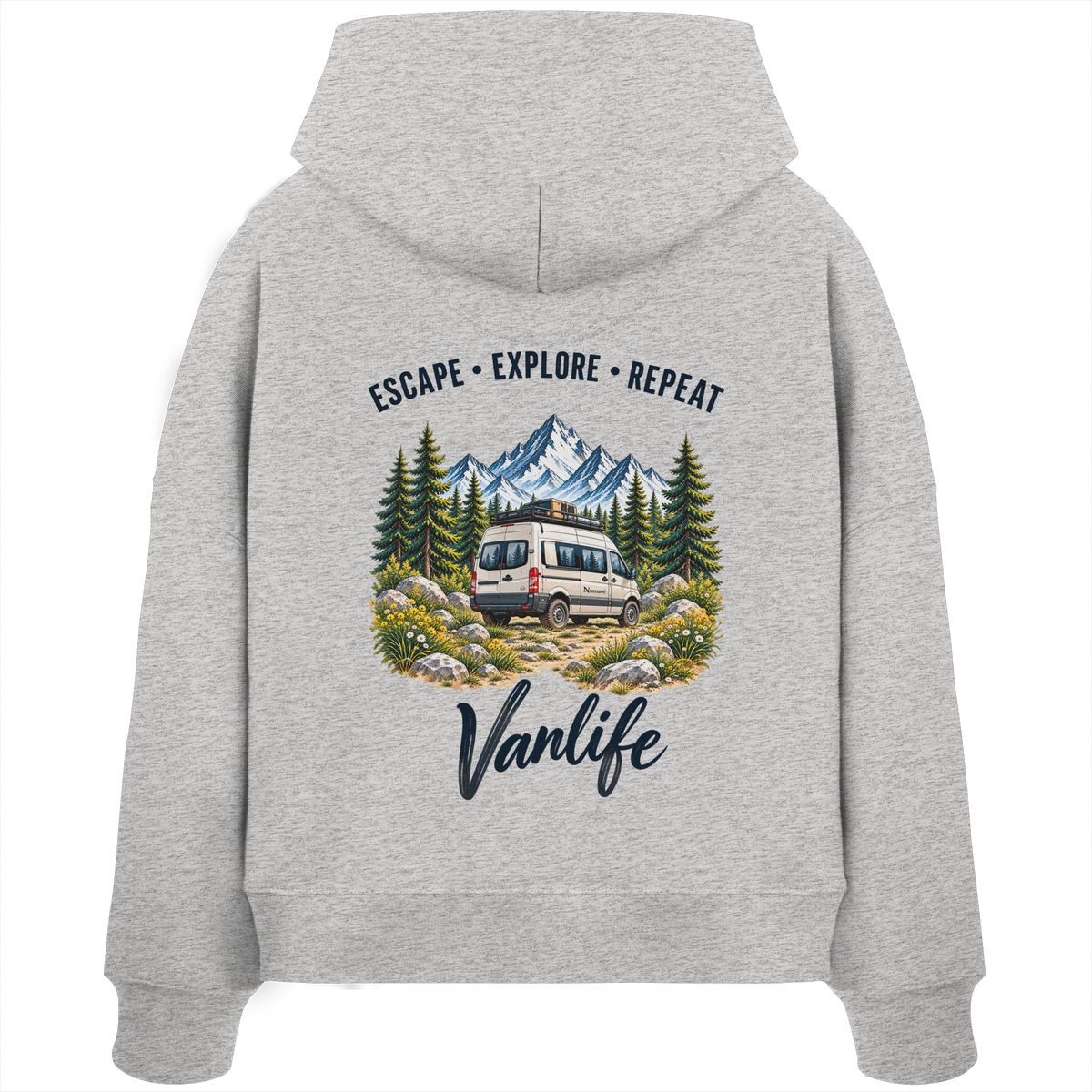 Damen Bio Boxcut Hoodie in Cool Heather Grey als Produkt-Mockup mit Escape Explore Repeat Motiv als Backprint