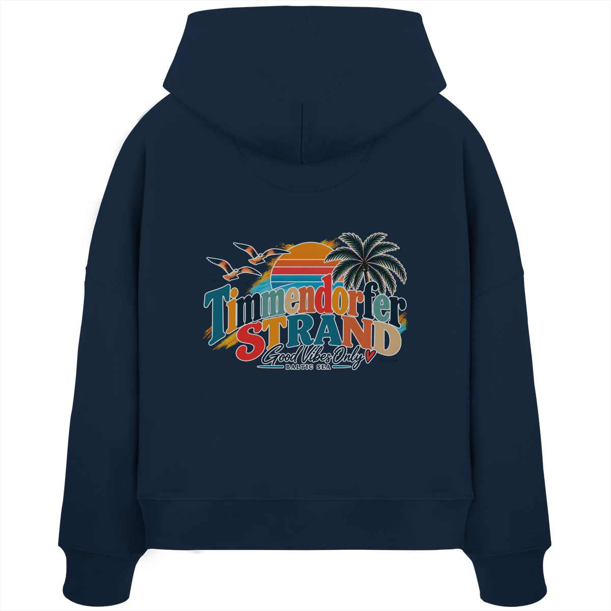Timmendorfer Strand – Good Vibes Only – Damen Boxcut-Hoodie mit Rückenprint – French Navy; originales Katalogmockup der Rückansicht mit Rückenprint.