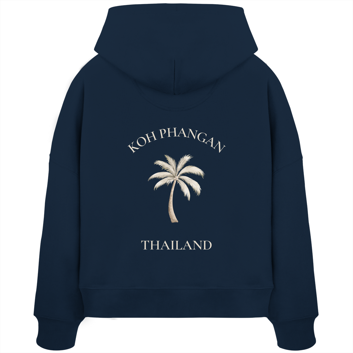 Damen Bio Boxcut Hoodie in french navy mit Koh Phangan Mini Palm Motiv als Backprint – Original-Mockup