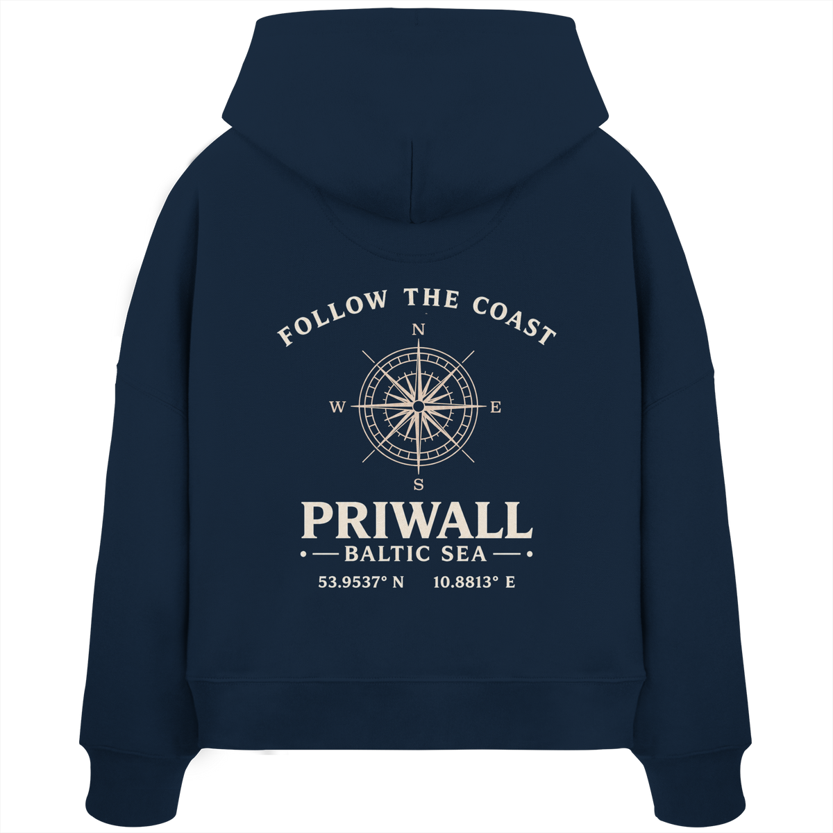 Rückansicht des Damen Bio Boxcut Hoodie in French Navy mit dunklem Priwall Follow the Coast Backprint