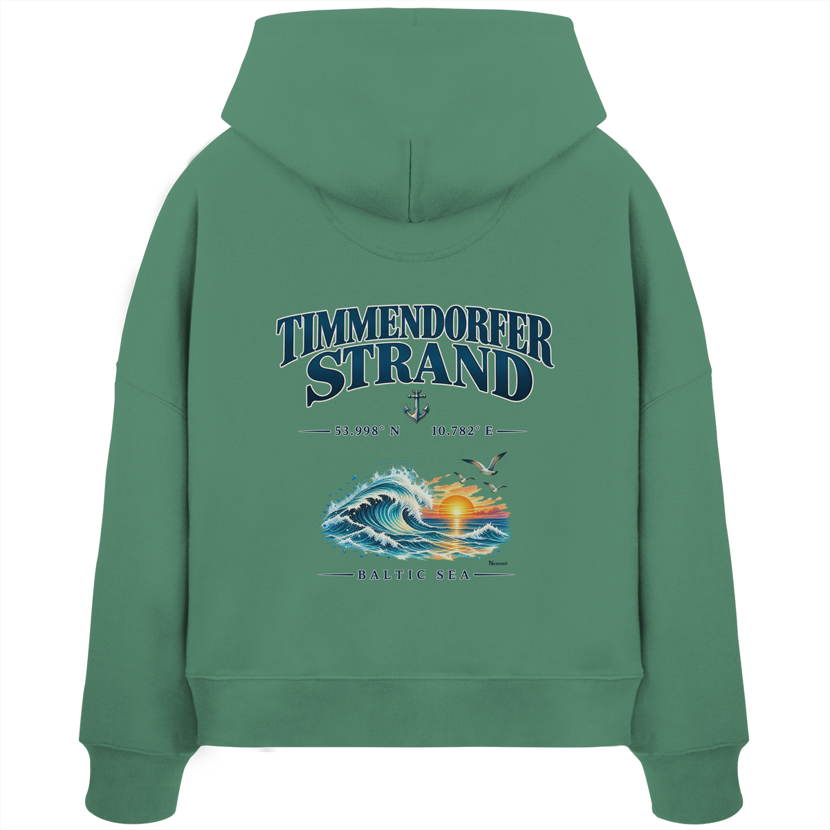 Original-Mockup 5: Damen Bio-Boxcut-Hoodie in Green Bay mit Timmendorfer Strand – Baltic Sea Backprint.