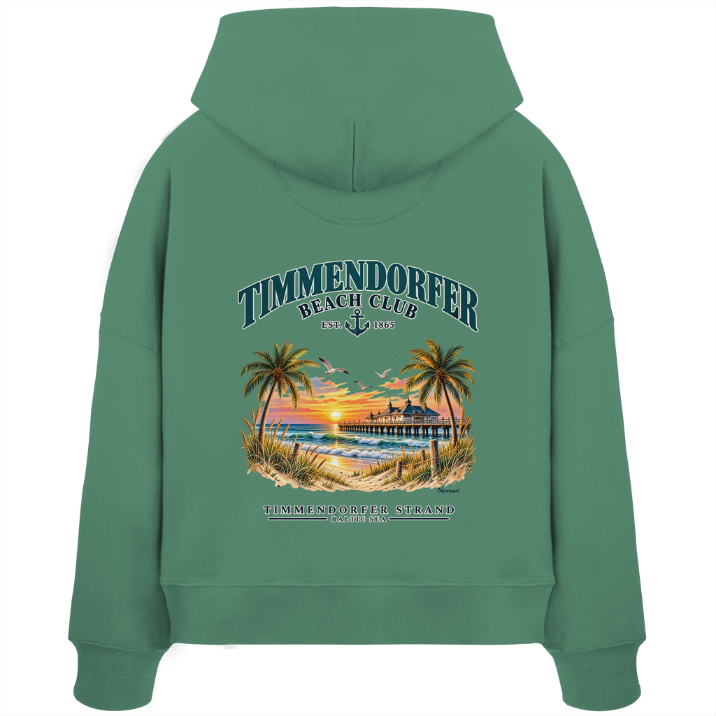 Original-/Katalogmockup: Damen Bio-Boxcut-Hoodie in Green Bay, Rückansicht mit Timmendorfer-Beach-Club-Rückendruck.