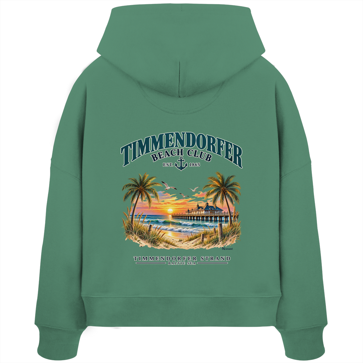 Original-/Katalogmockup: Damen Bio-Boxcut-Hoodie in Green Bay, Rückansicht mit Timmendorfer-Beach-Club-Rückendruck.