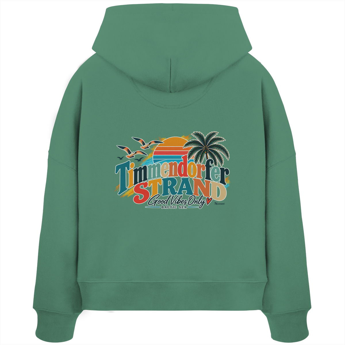 Timmendorfer Strand – Good Vibes Only – Damen Boxcut-Hoodie mit Rückenprint – Green Bay; originales Katalogmockup der Rückansicht mit Rückenprint.