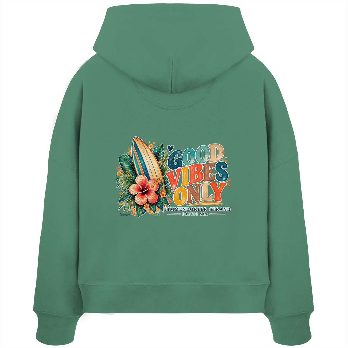 Rückansicht des Damen-Boxcut-Hoodies in Green Bay mit Timmendorfer-Surf-Vibes-Motiv aus Surfboard, Hibiskusblüten und „Good Vibes Only“.
