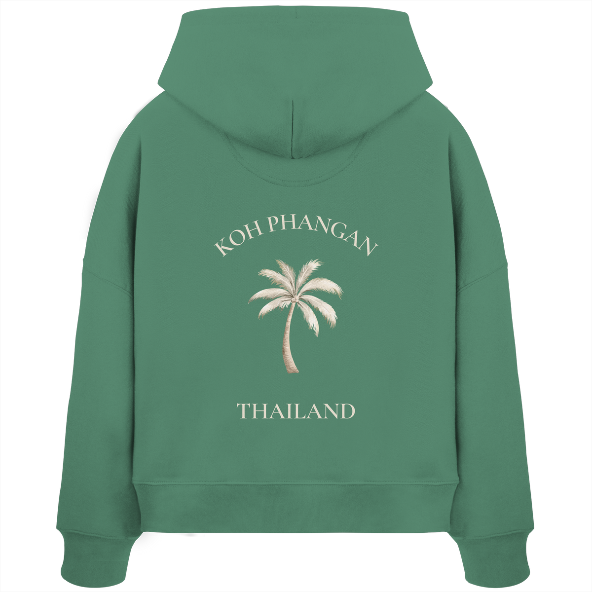 Damen Bio Boxcut Hoodie in green bay mit Koh Phangan Mini Palm Motiv als Backprint – Original-Mockup