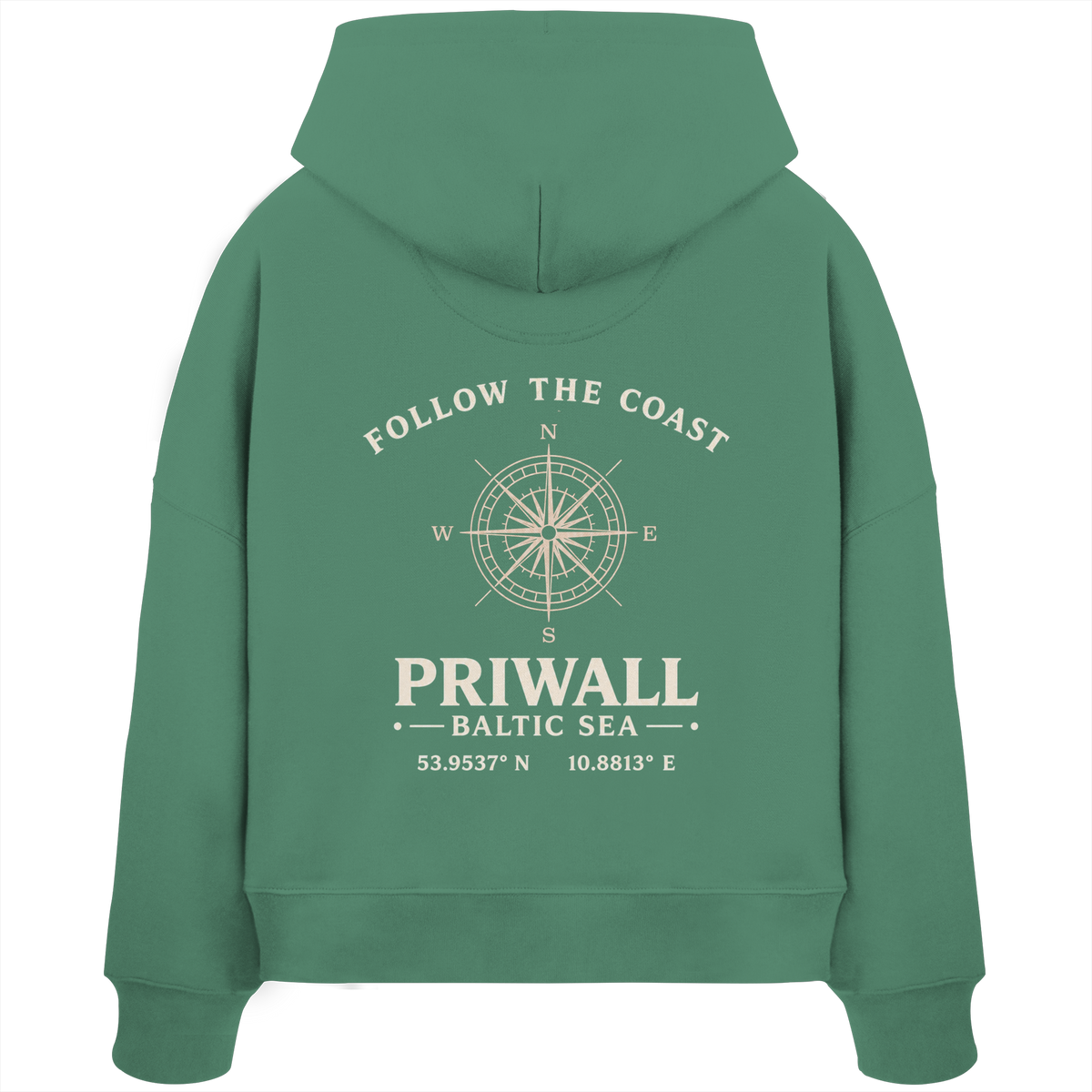 Rückansicht des Damen Bio Boxcut Hoodie in Green Bay mit dunklem Priwall Follow the Coast Backprint