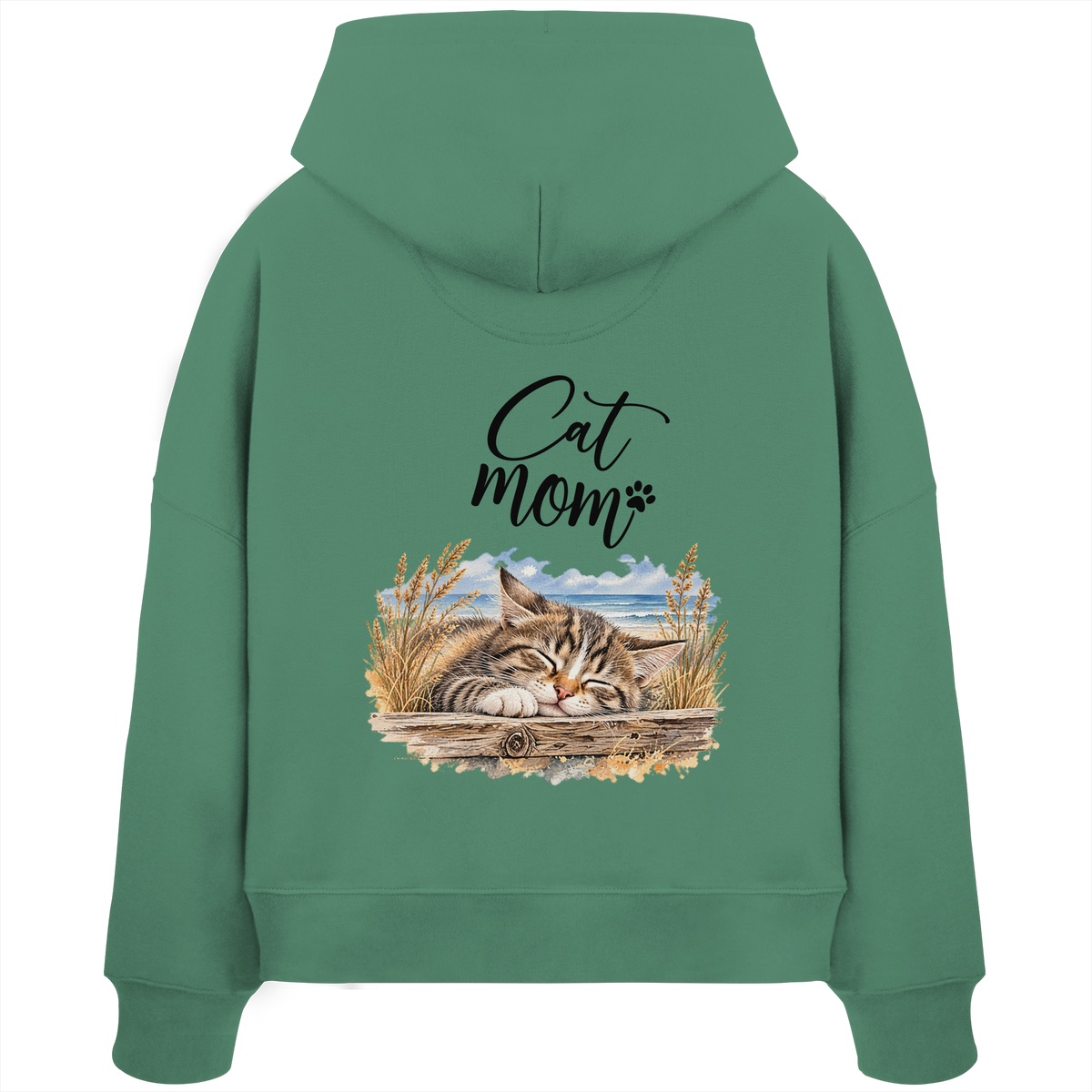 Cat Mom Damen Bio-Boxcut-Hoodie in Green Bay – Original-Mockup mit Kapuze, kurzem Saum und Katzen-Küstenmotiv auf dem Rücken.