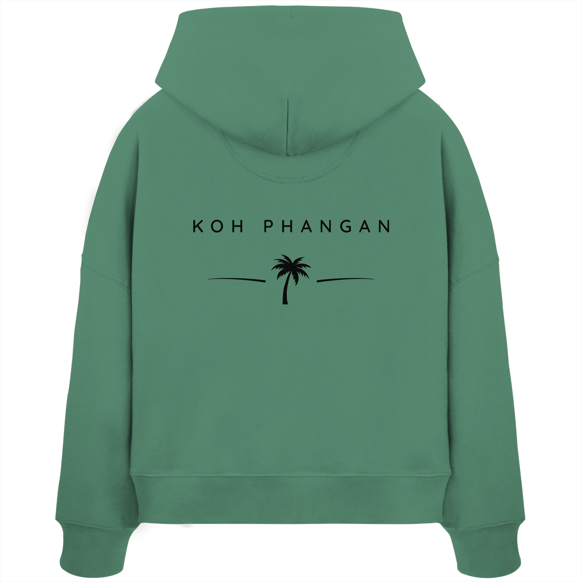 Original-Mockup des Damen Bio Boxcut Hoodie in Green Bay mit Koh-Phangan-Minimal-Backprint