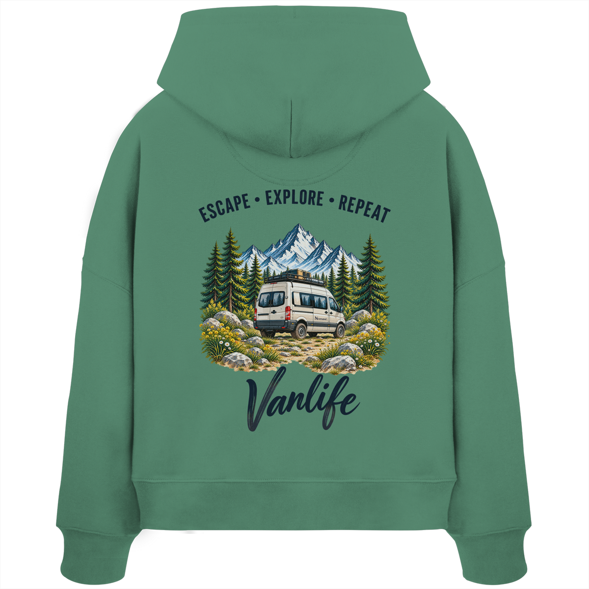 Damen Bio Boxcut Hoodie in Green Bay als Produkt-Mockup mit Escape Explore Repeat Motiv als Backprint