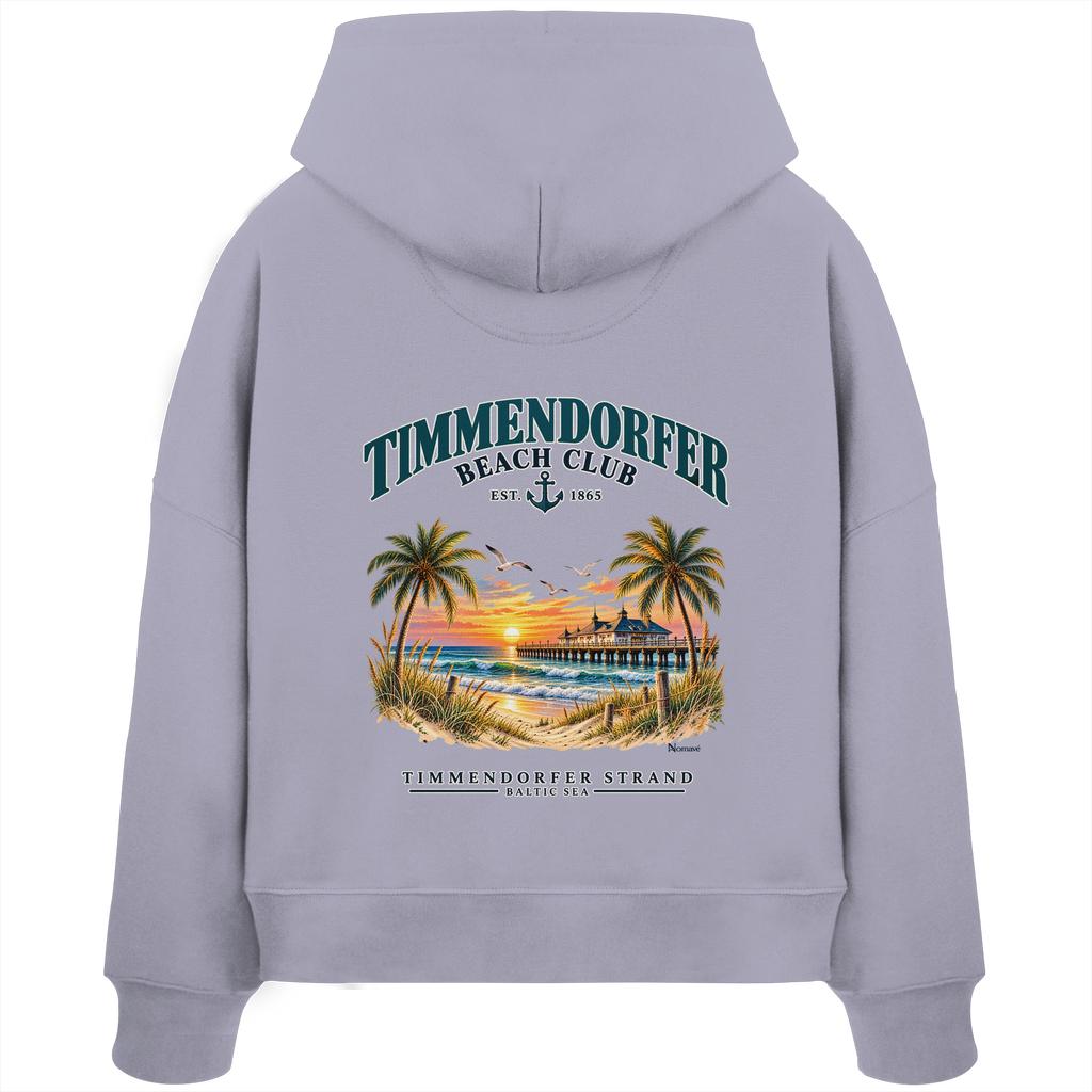 Original-/Katalogmockup: Damen Bio-Boxcut-Hoodie in Lavender, Rückansicht mit Timmendorfer-Beach-Club-Rückendruck.