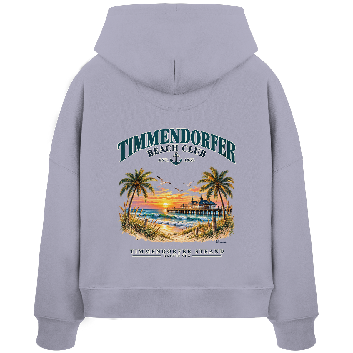 Original-/Katalogmockup: Damen Bio-Boxcut-Hoodie in Lavender, Rückansicht mit Timmendorfer-Beach-Club-Rückendruck.