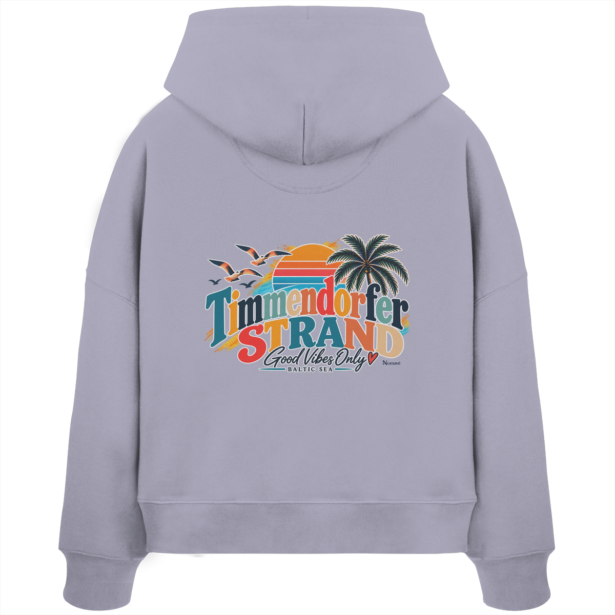 Timmendorfer Strand – Good Vibes Only – Damen Boxcut-Hoodie mit Rückenprint – Lavender; originales Katalogmockup der Rückansicht mit Rückenprint.