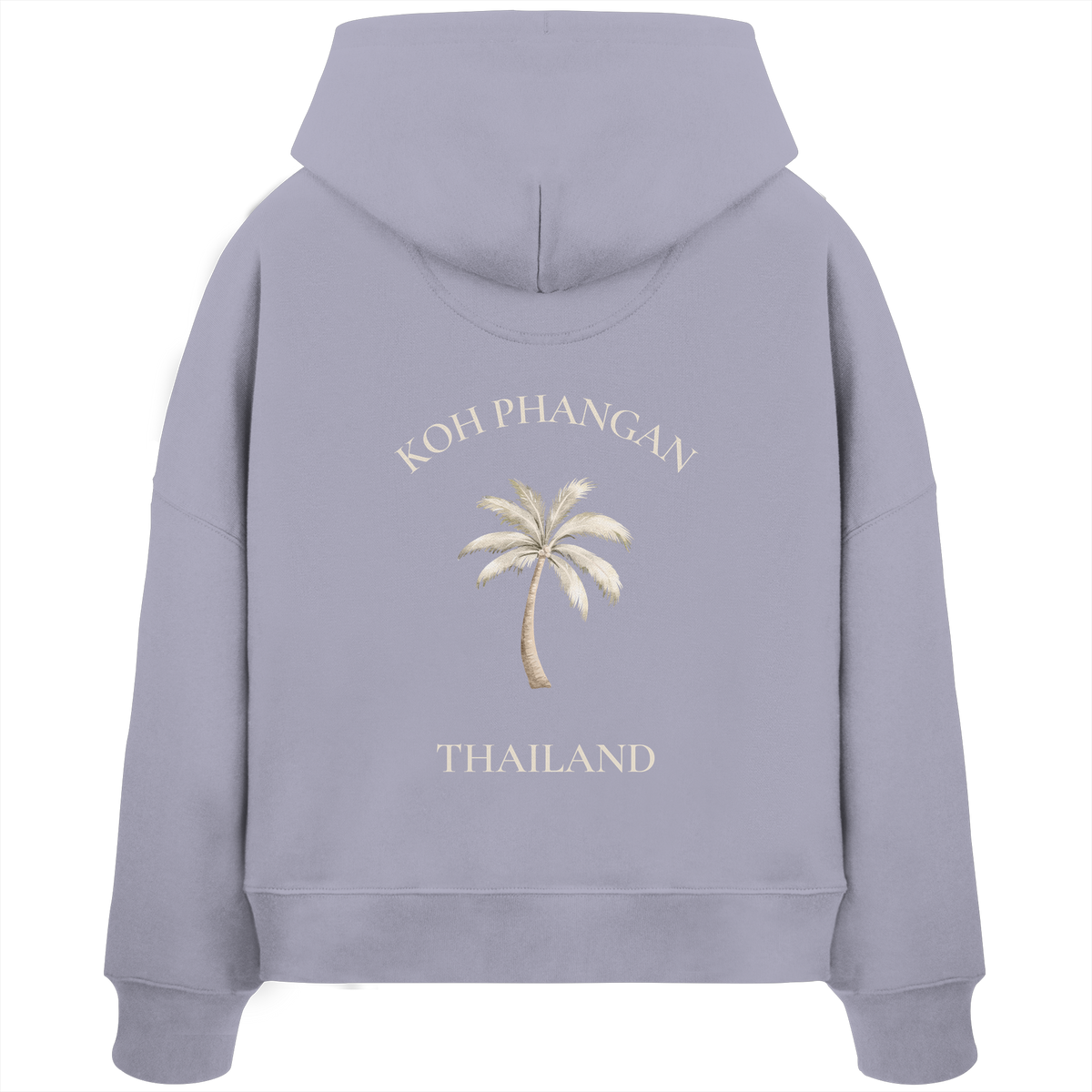 Damen Bio Boxcut Hoodie in lavender mit Koh Phangan Mini Palm Motiv als Backprint – Original-Mockup