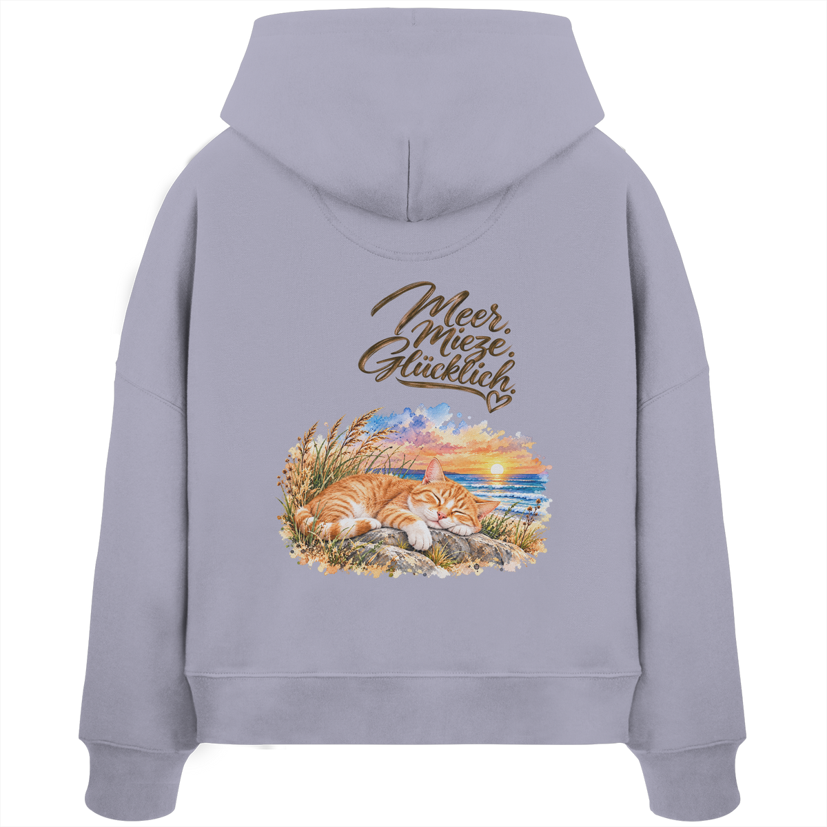 Damen Bio-Boxcut-Hoodie in Lavender mit „Meer. Mieze. Glücklich.“ als Backprint – Rückansicht im Original-Mockup.
