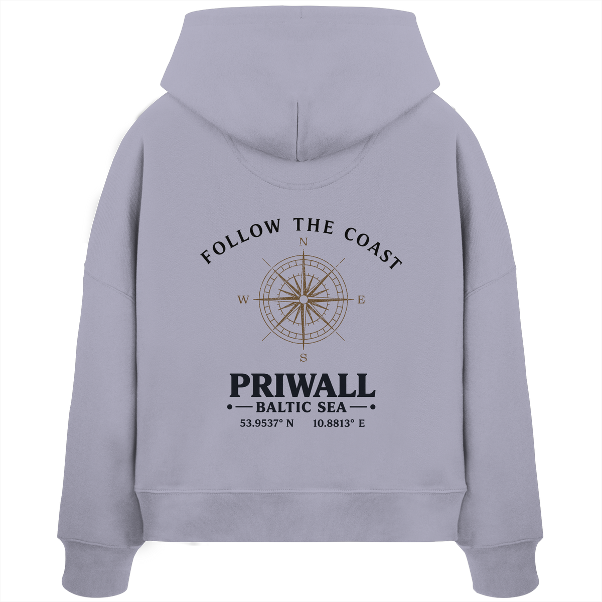 Rückansicht des Damen Bio Boxcut Hoodie in Lavender mit hellem Priwall Follow the Coast Backprint