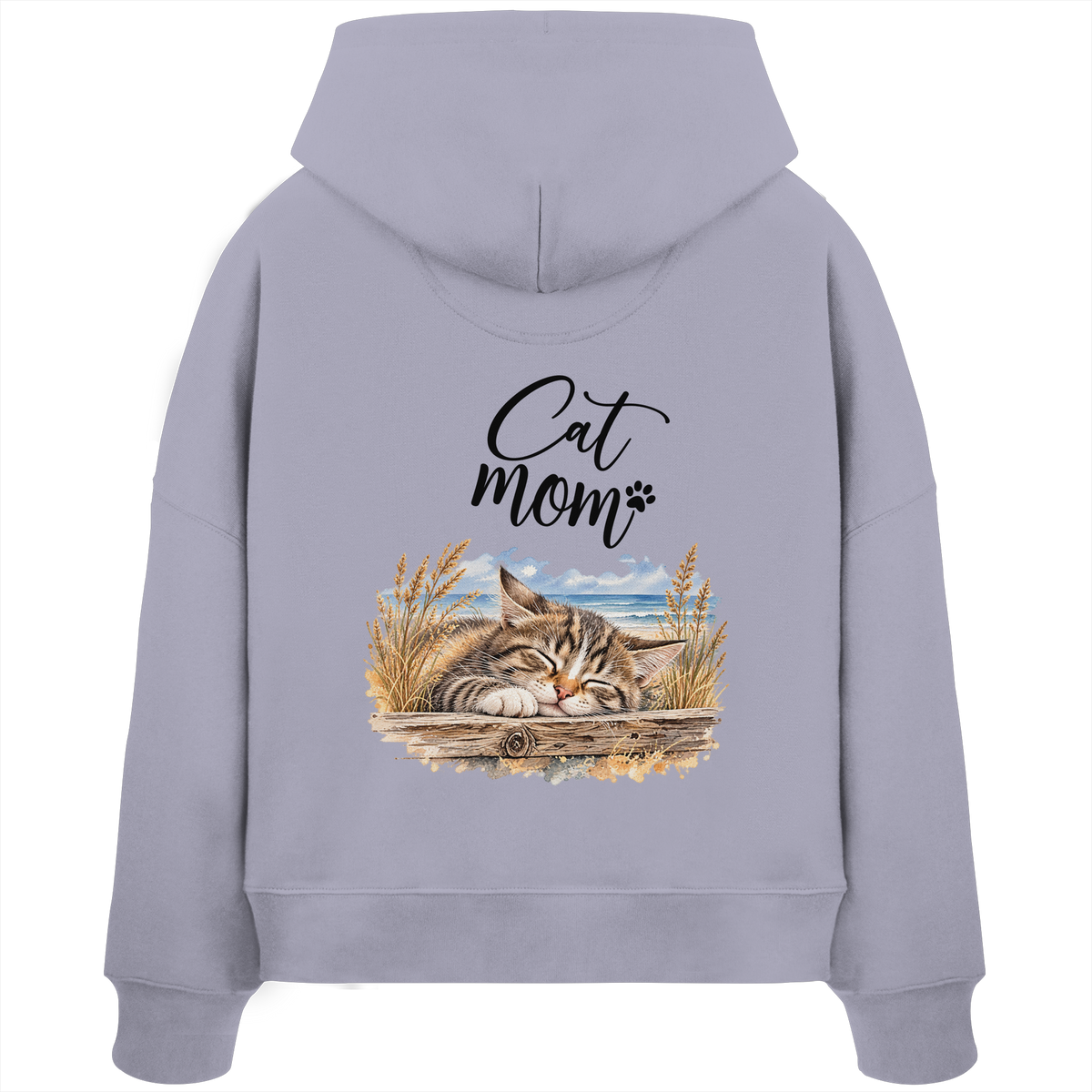 Cat Mom Damen Bio-Boxcut-Hoodie in Lavender – Original-Mockup mit Kapuze, kurzem Saum und Katzen-Küstenmotiv auf dem Rücken.