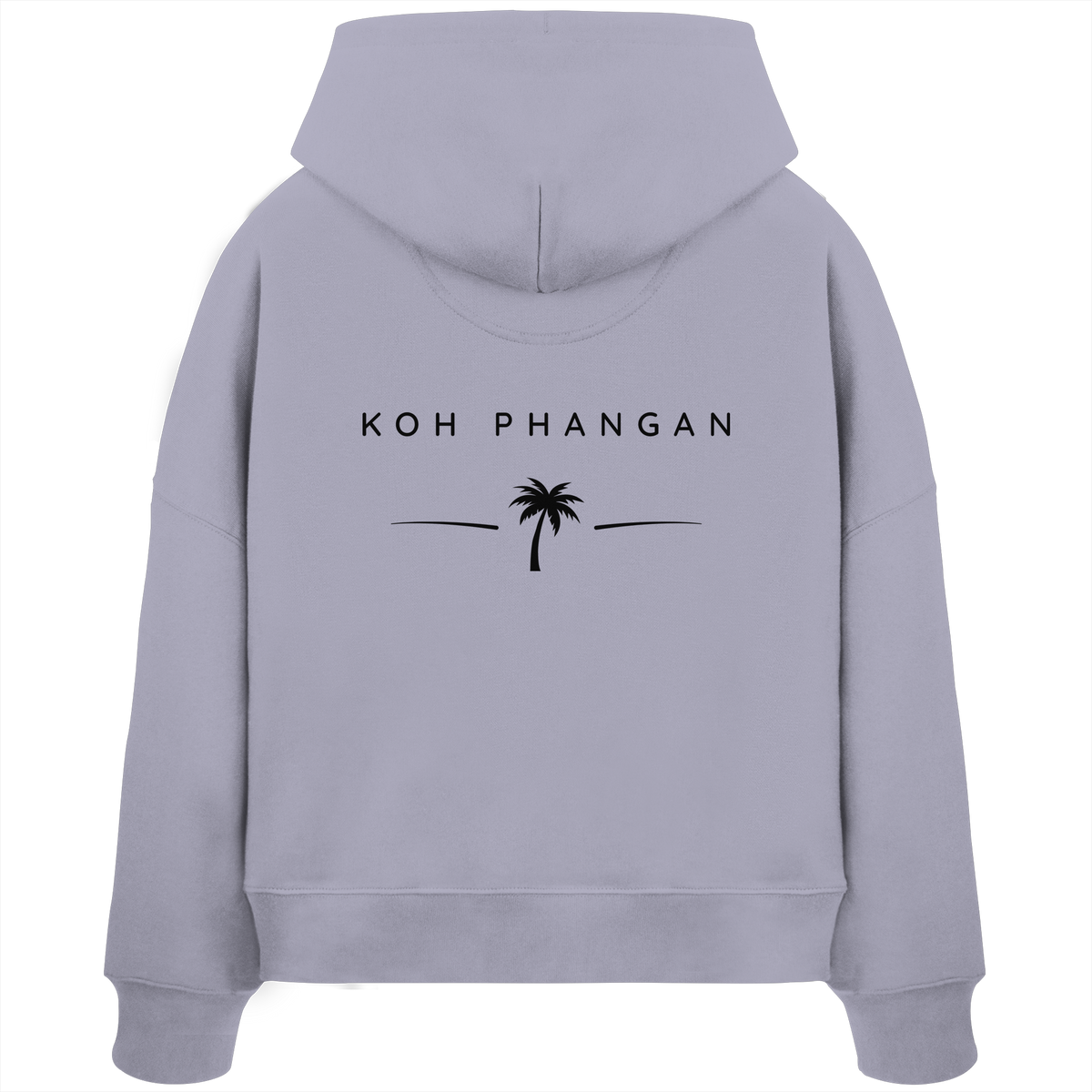 Original-Mockup des Damen Bio Boxcut Hoodie in Lavender mit Koh-Phangan-Minimal-Backprint