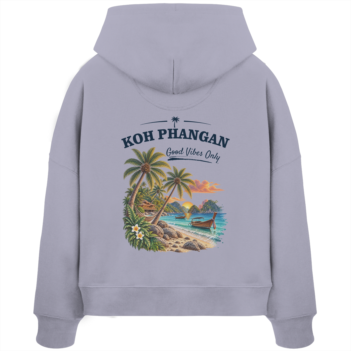 Damen Bio Boxcut Hoodie – Backprint in der gezeigten Farbe als Original-Mockup mit Koh Phangan Good Vibes Only Backprint