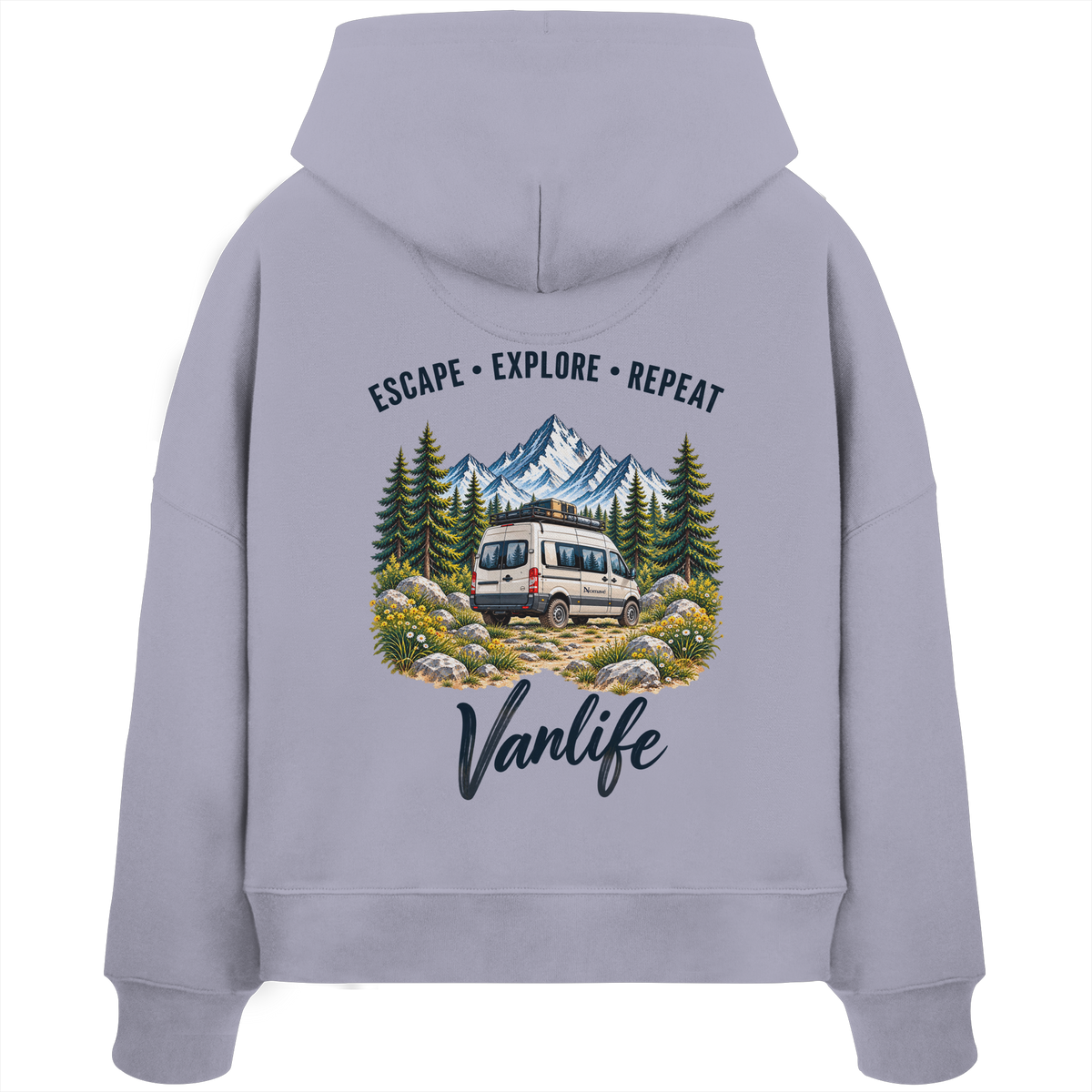 Damen Bio Boxcut Hoodie in Lavender als Produkt-Mockup mit Escape Explore Repeat Motiv als Backprint