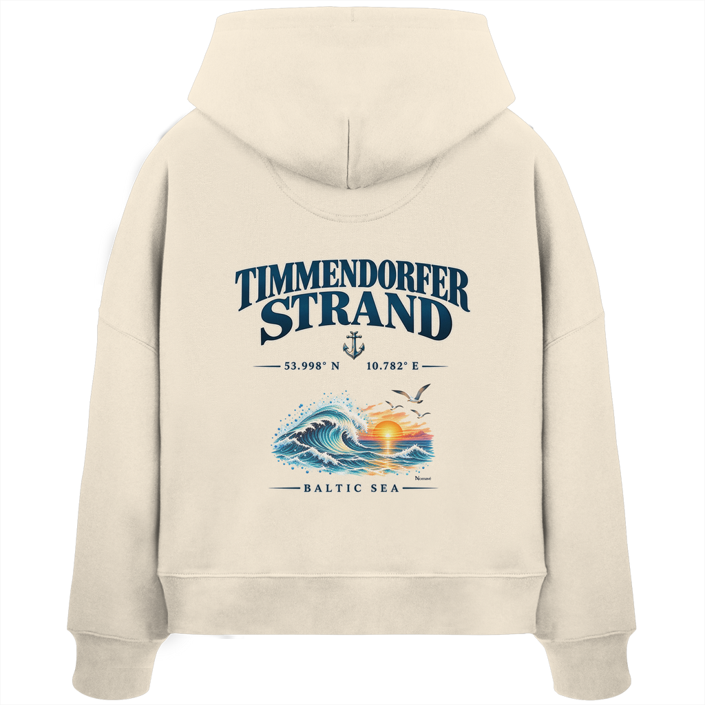Original-Mockup 1: Damen Bio-Boxcut-Hoodie in Natural Raw mit Timmendorfer Strand – Baltic Sea Backprint.