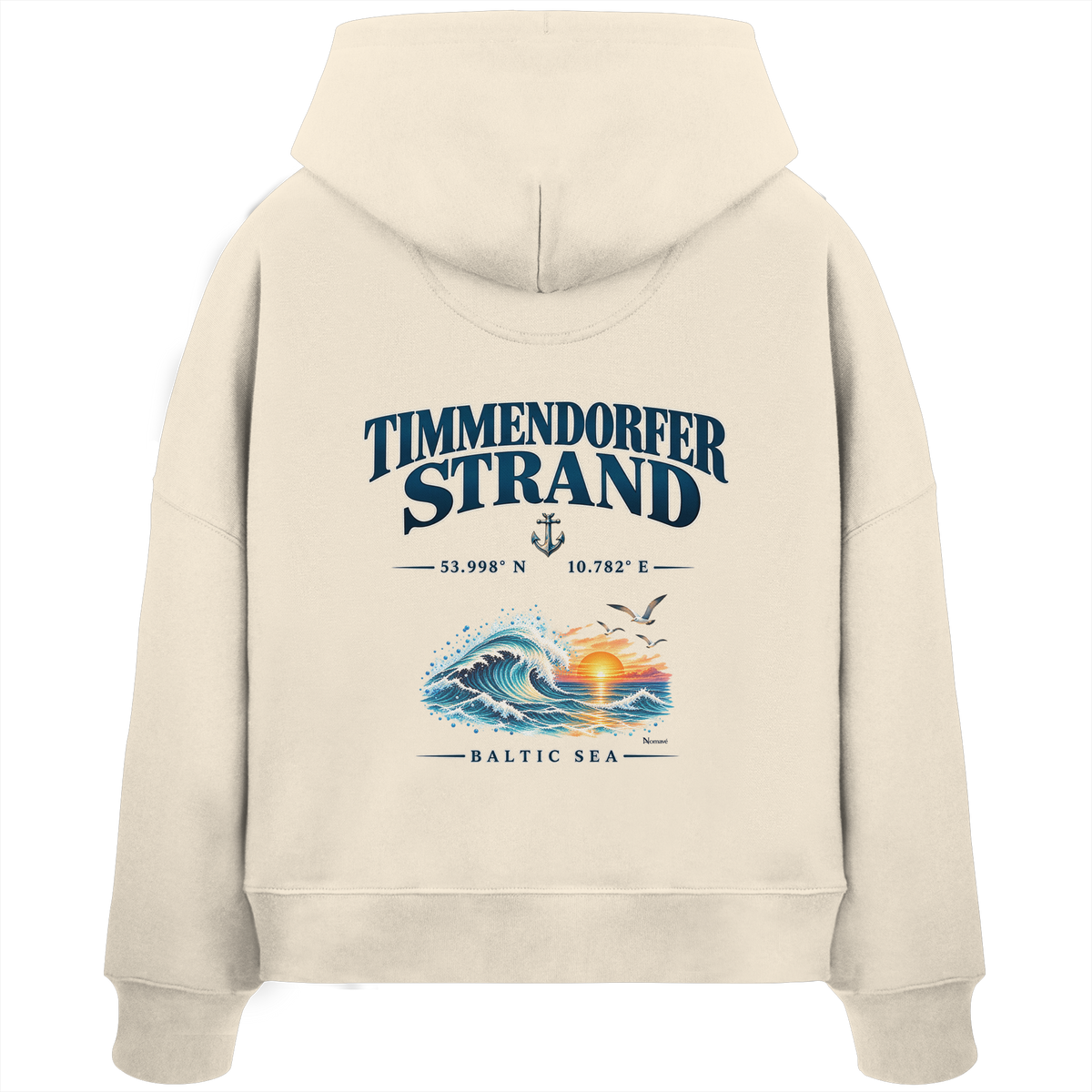 Original-Mockup 1: Damen Bio-Boxcut-Hoodie in Natural Raw mit Timmendorfer Strand – Baltic Sea Backprint.