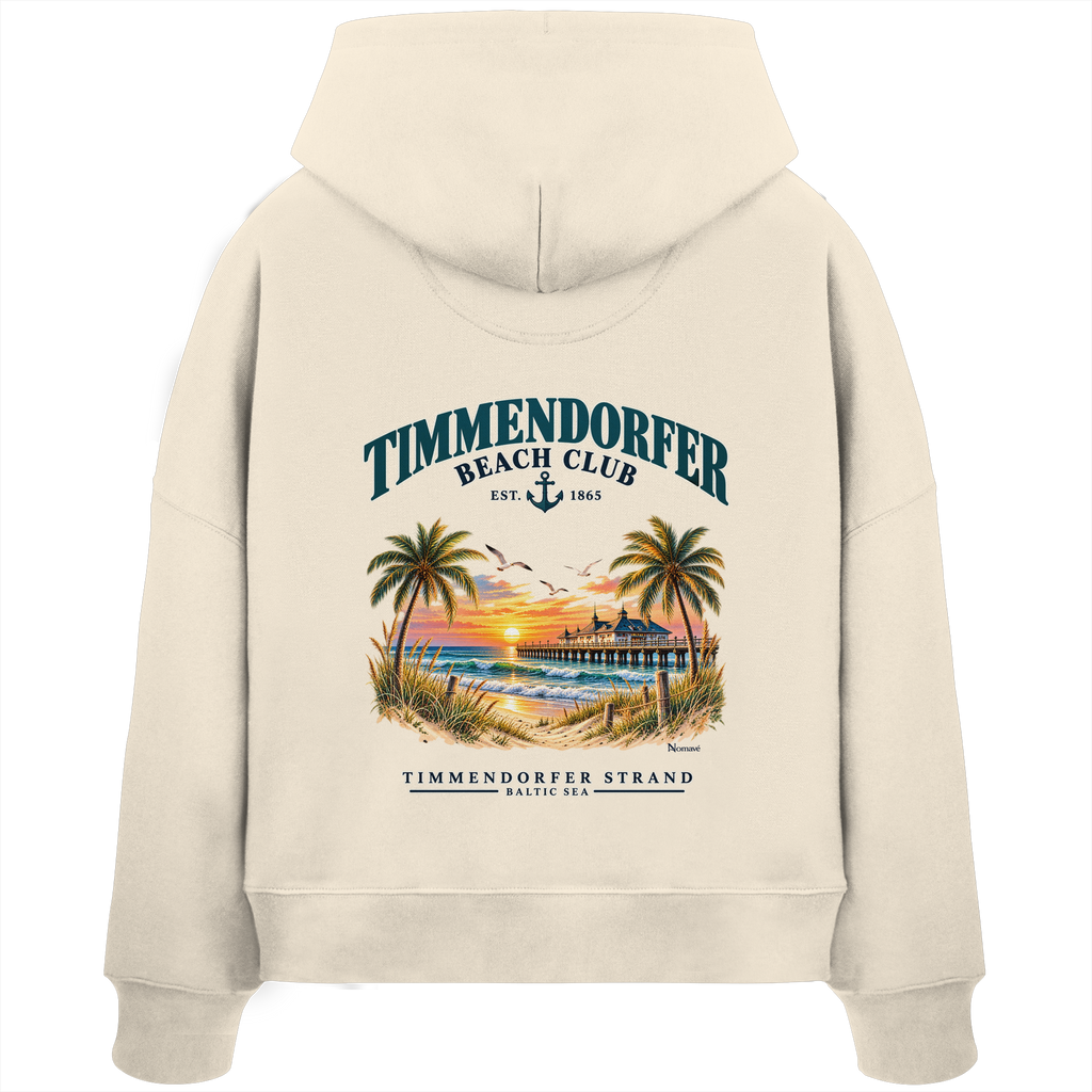 Original-/Katalogmockup: Damen Bio-Boxcut-Hoodie in Natural Raw, Rückansicht mit Timmendorfer-Beach-Club-Rückendruck.