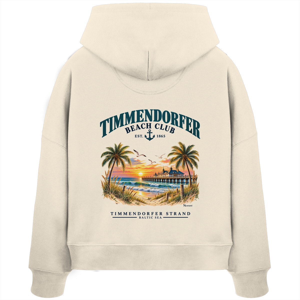 Original-/Katalogmockup: Damen Bio-Boxcut-Hoodie in Natural Raw, Rückansicht mit Timmendorfer-Beach-Club-Rückendruck.