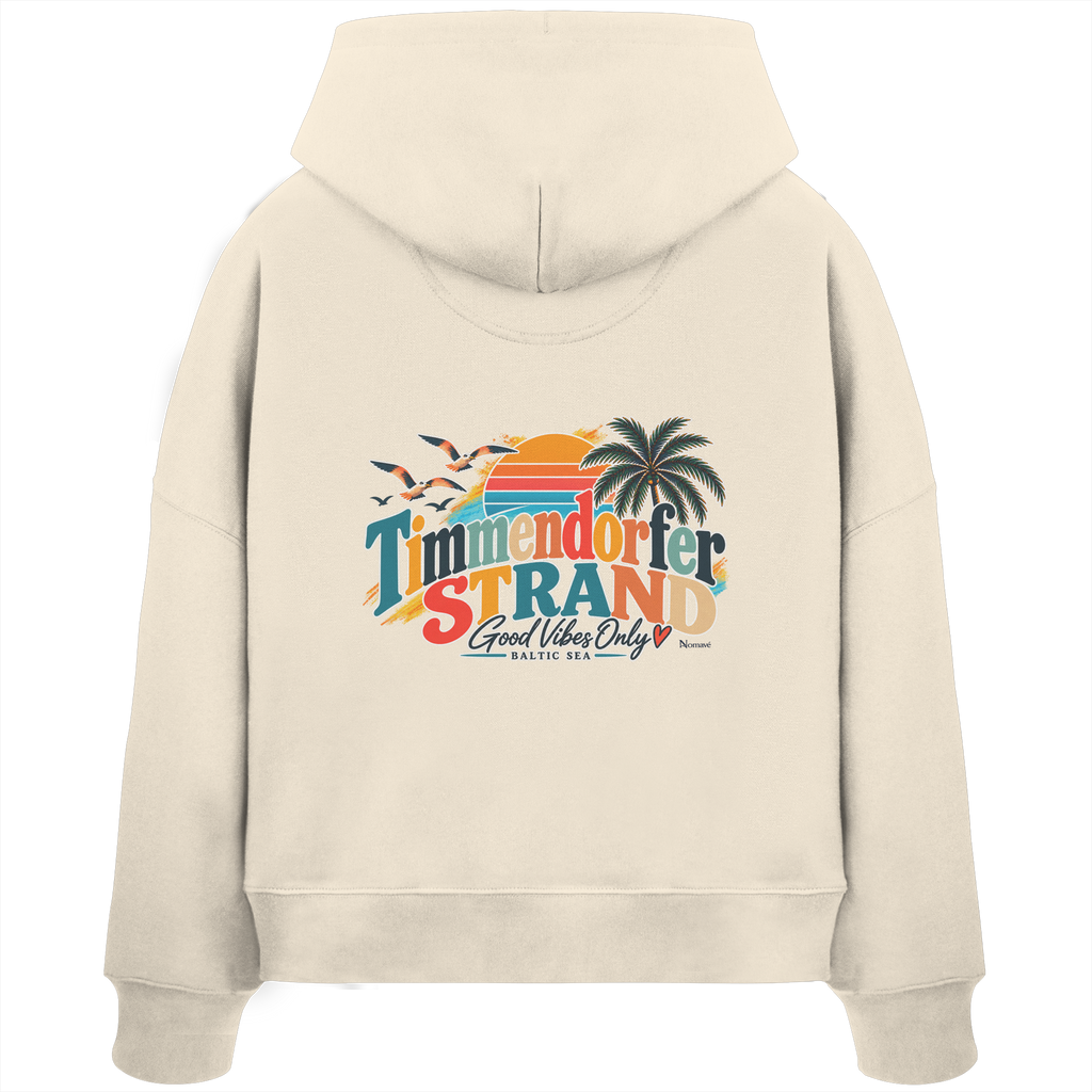Timmendorfer Strand – Good Vibes Only – Damen Boxcut-Hoodie mit Rückenprint – Natural Raw; originales Katalogmockup der Rückansicht mit Rückenprint.