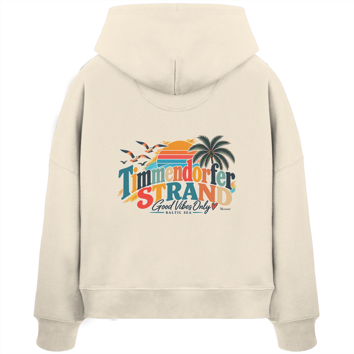 Timmendorfer Strand – Good Vibes Only – Damen Boxcut-Hoodie mit Rückenprint – Natural Raw; originales Katalogmockup der Rückansicht mit Rückenprint.